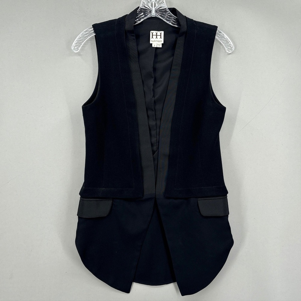 Haute Hippie Blouse Womens 2 Black Sleeveless Tuxedo‎ Vest High Low Tail Hem